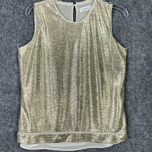 Calvin Klein Gold Lame’ Tank Top Women M Lined Keyhole Back Neck